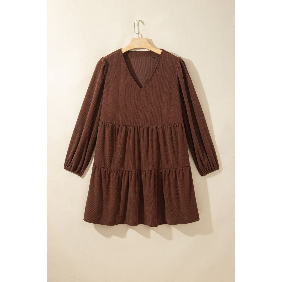 Coffee Winter Corduroy V Neck Long Sleeve Plus Size Mini Dress Plus Size/Plus Size Dresses/Plus Size Mini Dresses