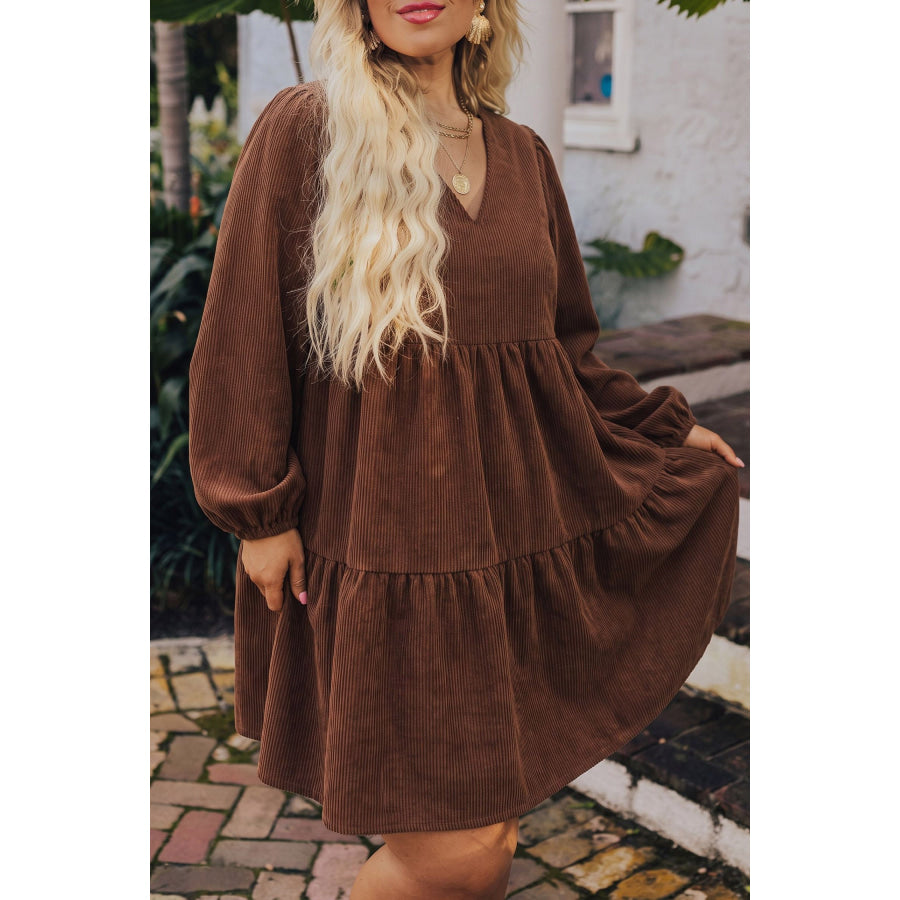 Coffee Winter Corduroy V Neck Long Sleeve Plus Size Mini Dress Plus Size/Plus Size Dresses/Plus Size Mini Dresses
