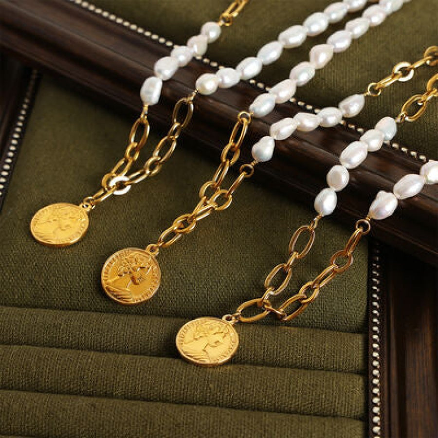 Coin pendant Pearl Titanium Steel Necklace Gold / One Size Clothing