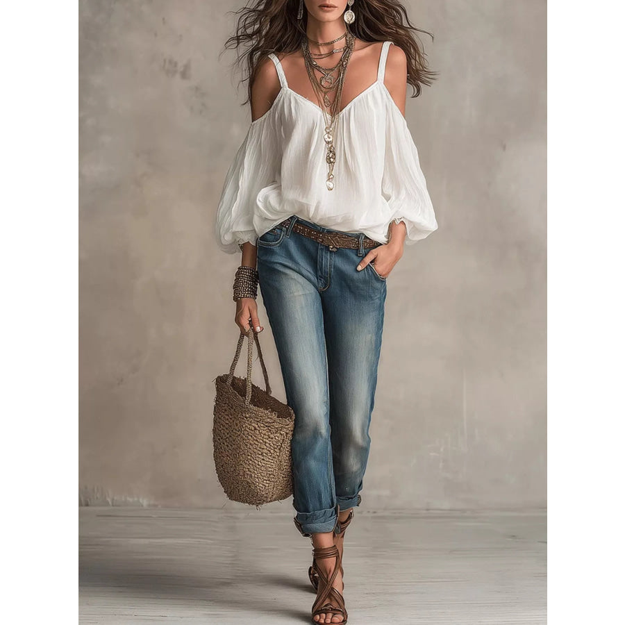 Cold Shoulder Balloon Sleeve Blouse Apparel and Accessories
