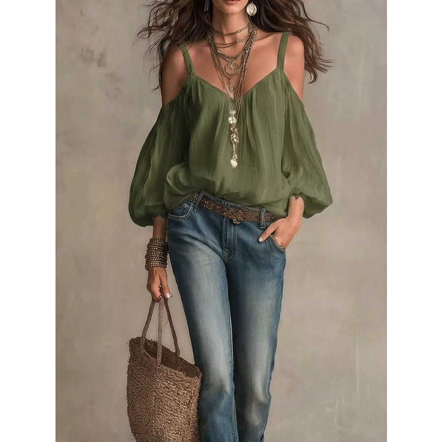 Cold Shoulder Balloon Sleeve Blouse Army Green / S Apparel and Accessories