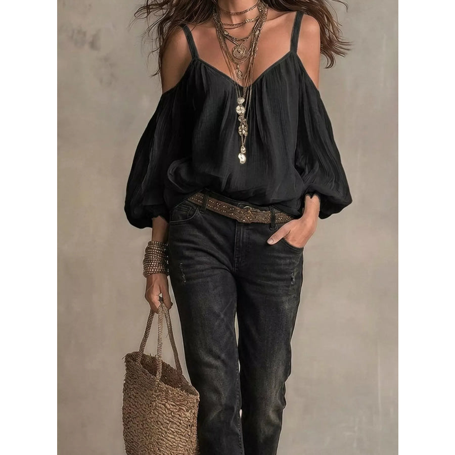 Cold Shoulder Balloon Sleeve Blouse Black / S Apparel and Accessories