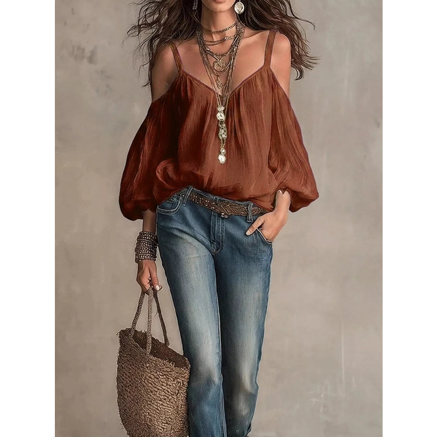Cold Shoulder Balloon Sleeve Blouse Caramel / S Apparel and Accessories