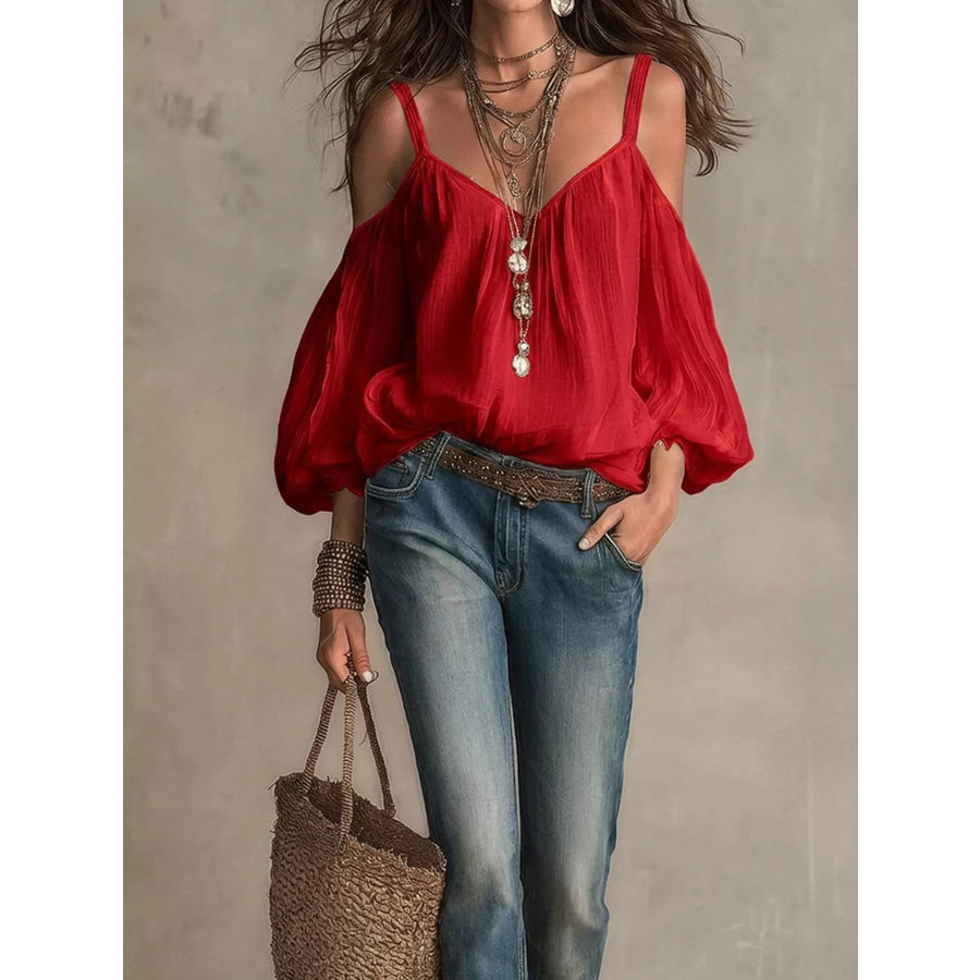 Cold Shoulder Balloon Sleeve Blouse Red / S Apparel and Accessories