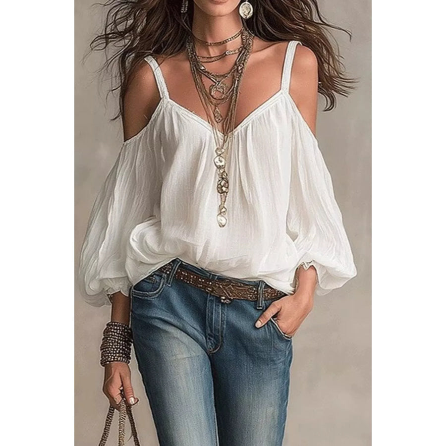 Cold Shoulder Balloon Sleeve Blouse White / S Apparel and Accessories