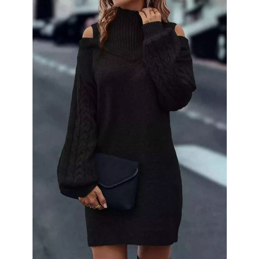 Cold Shoulder Cable Knit Mock Neck Sweater Dress Apparel and Accessories