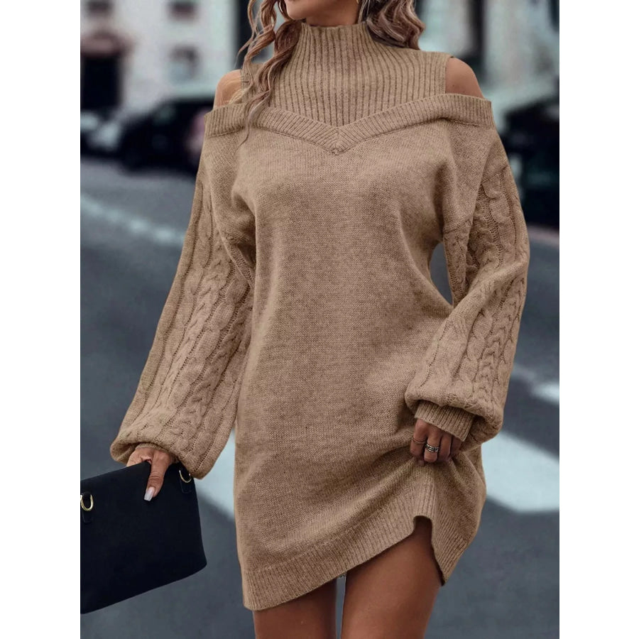 Cold Shoulder Cable Knit Mock Neck Sweater Dress Apparel and Accessories
