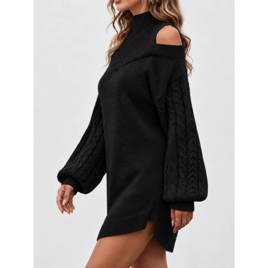 Cold Shoulder Cable Knit Mock Neck Sweater Dress Apparel and Accessories