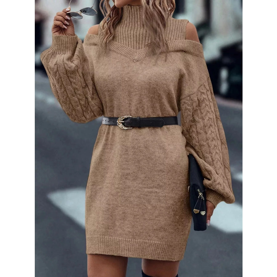 Cold Shoulder Cable Knit Mock Neck Sweater Dress Apparel and Accessories