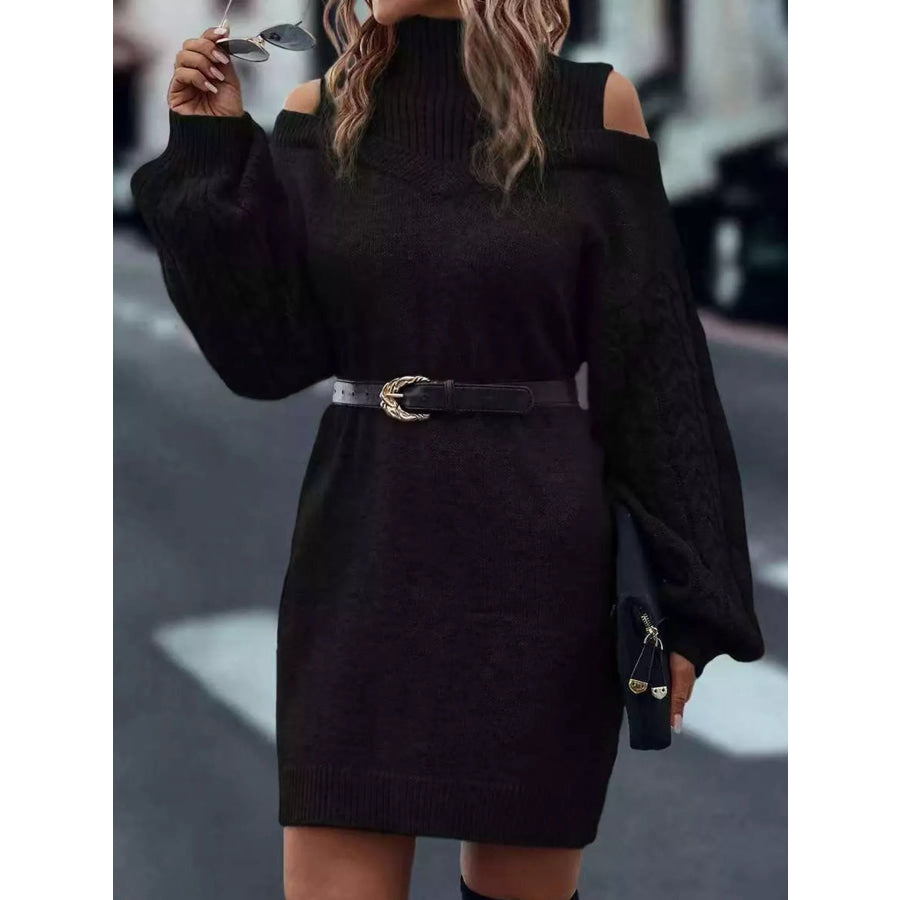 Cold Shoulder Cable Knit Mock Neck Sweater Dress Apparel and Accessories