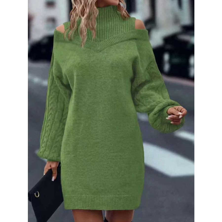 Cold Shoulder Cable Knit Mock Neck Sweater Dress Apparel and Accessories