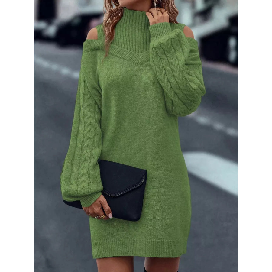 Cold Shoulder Cable Knit Mock Neck Sweater Dress Apparel and Accessories