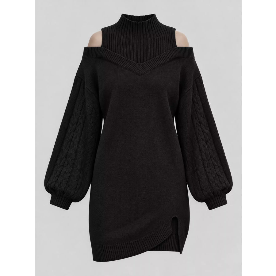Cold Shoulder Cable Knit Mock Neck Sweater Dress Apparel and Accessories