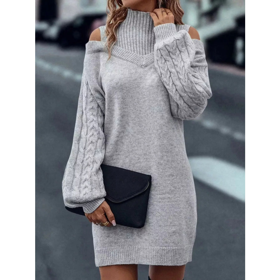 Cold Shoulder Cable Knit Mock Neck Sweater Dress Apparel and Accessories