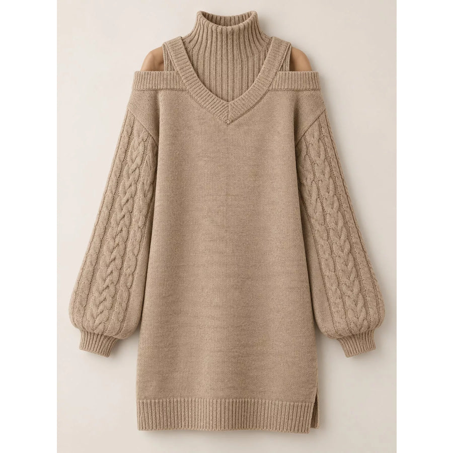 Cold Shoulder Cable Knit Mock Neck Sweater Dress Apparel and Accessories