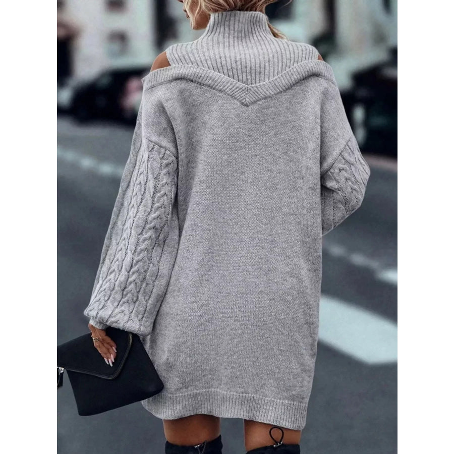 Cold Shoulder Cable Knit Mock Neck Sweater Dress Apparel and Accessories