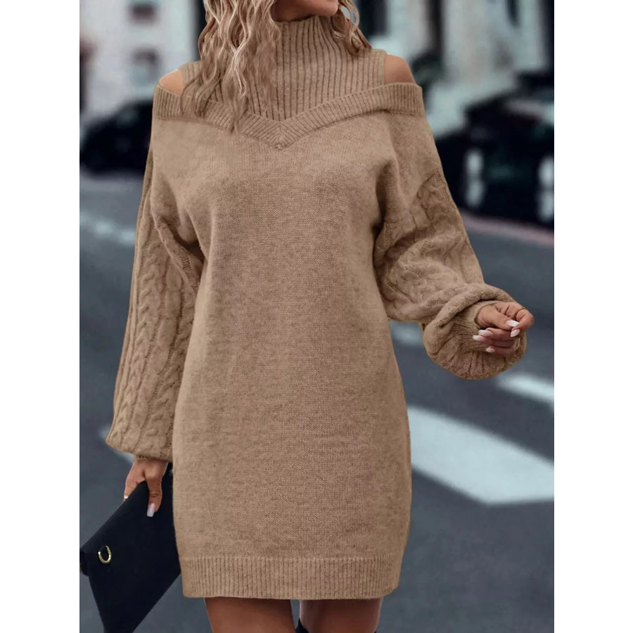Cold Shoulder Cable Knit Mock Neck Sweater Dress Apparel and Accessories