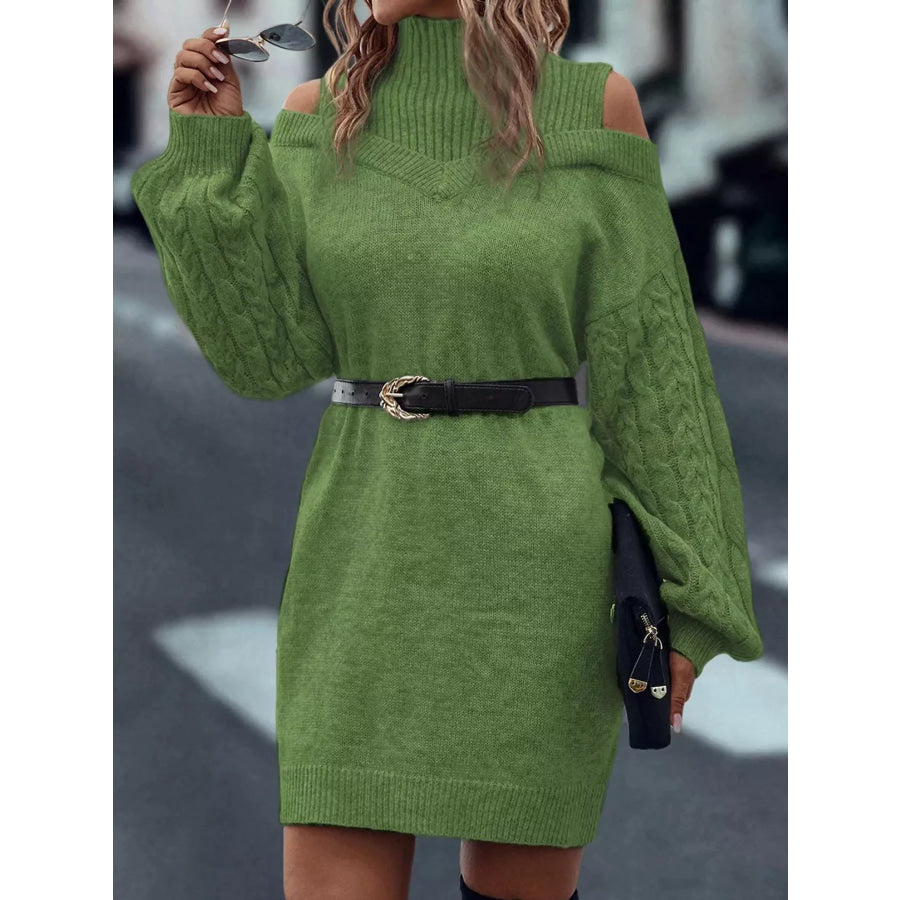 Cold Shoulder Cable Knit Mock Neck Sweater Dress Apparel and Accessories