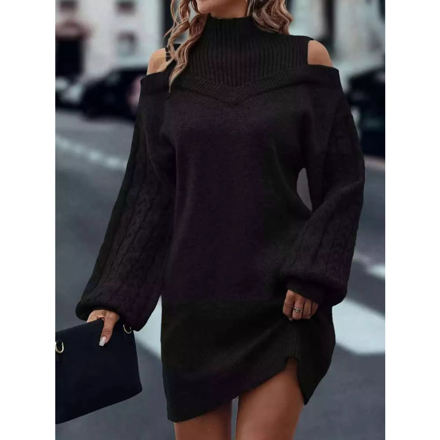 Cold Shoulder Cable Knit Mock Neck Sweater Dress Apparel and Accessories