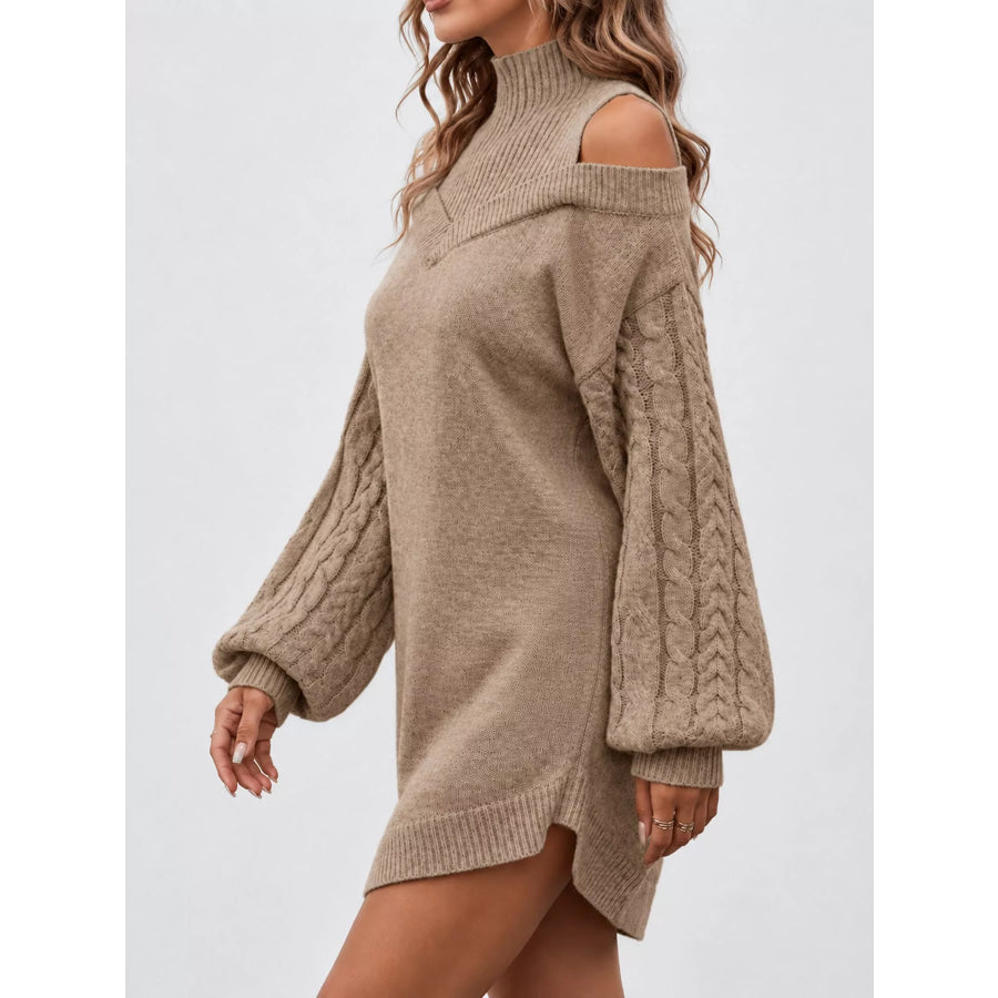 Cold Shoulder Cable Knit Mock Neck Sweater Dress Apparel and Accessories