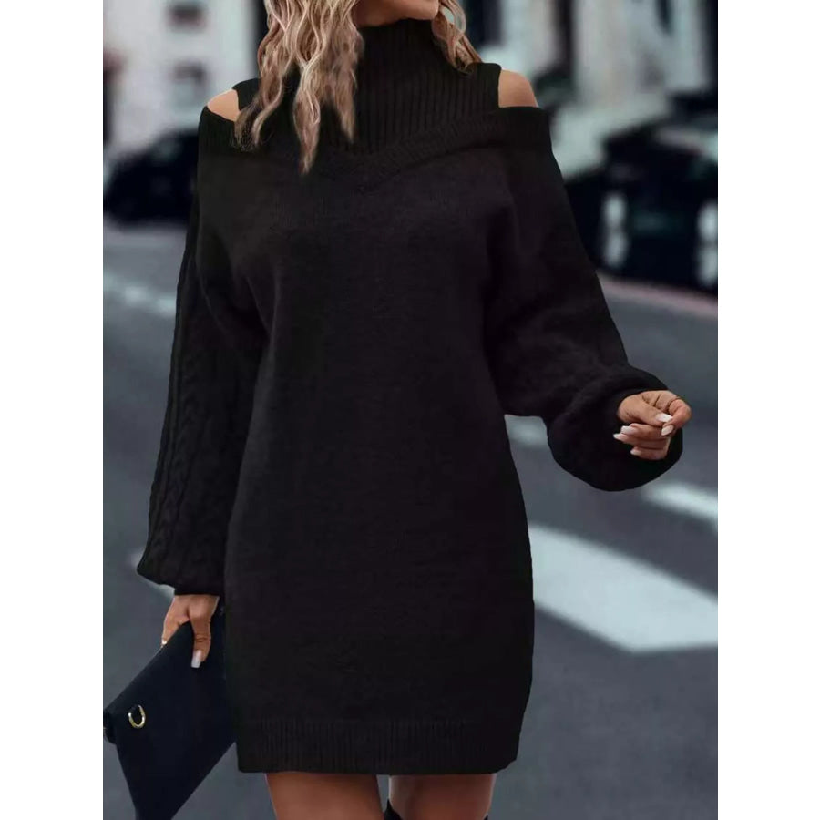Cold Shoulder Cable Knit Mock Neck Sweater Dress Black / S Apparel and Accessories