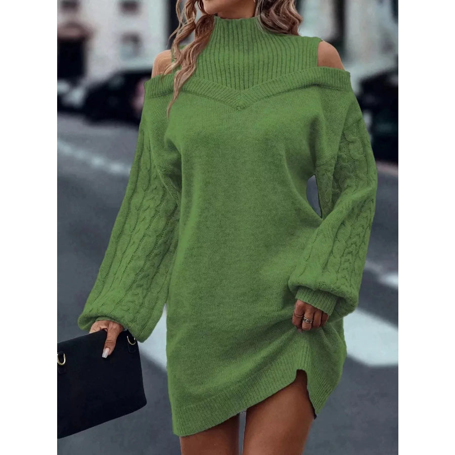 Cold Shoulder Cable Knit Mock Neck Sweater Dress Green / S Apparel and Accessories