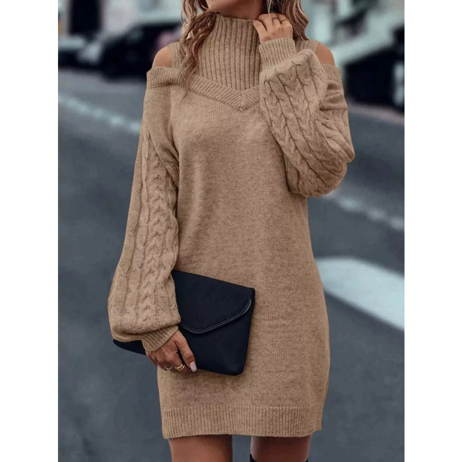 Cold Shoulder Cable Knit Mock Neck Sweater Dress Khaki / S Apparel and Accessories