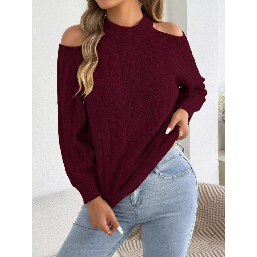 Cold Shoulder Cable Knit Sweater Apparel and Accessories