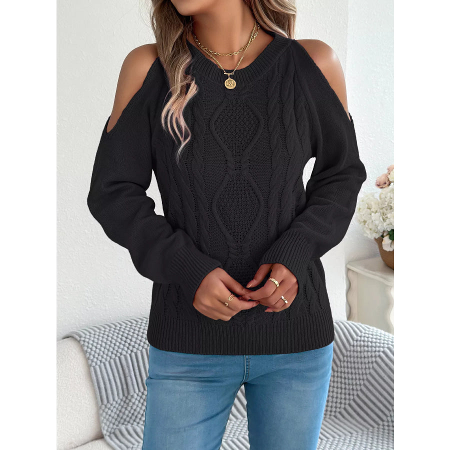 Cold Shoulder Cable Knit Sweater Black / S Apparel and Accessories