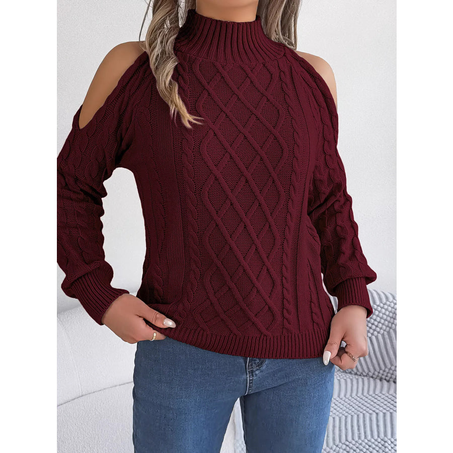 Cold-Shoulder Cable Knit Sweater Burgundy / S Apparel and Accessories