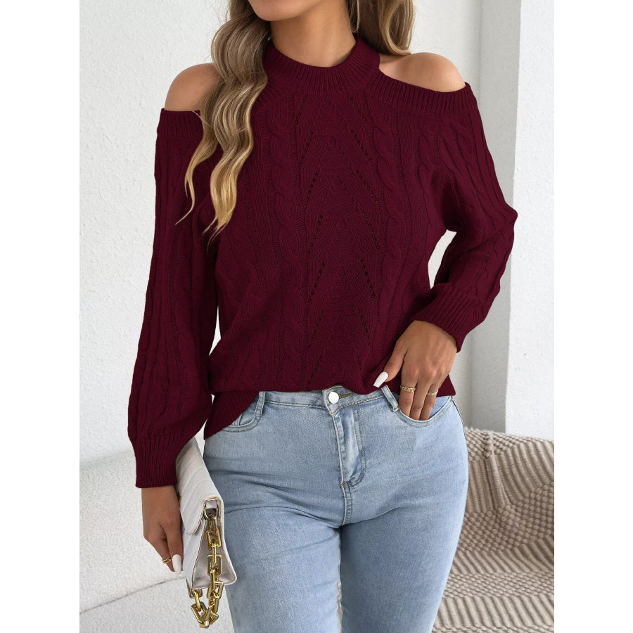 Cold Shoulder Cable Knit Sweater Burgundy / S Apparel and Accessories