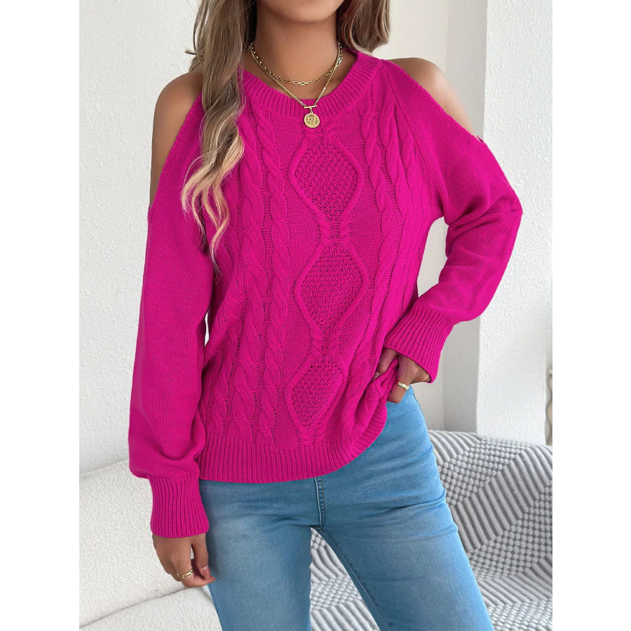 Cold Shoulder Cable Knit Sweater Fuchsia Pink / S Apparel and Accessories