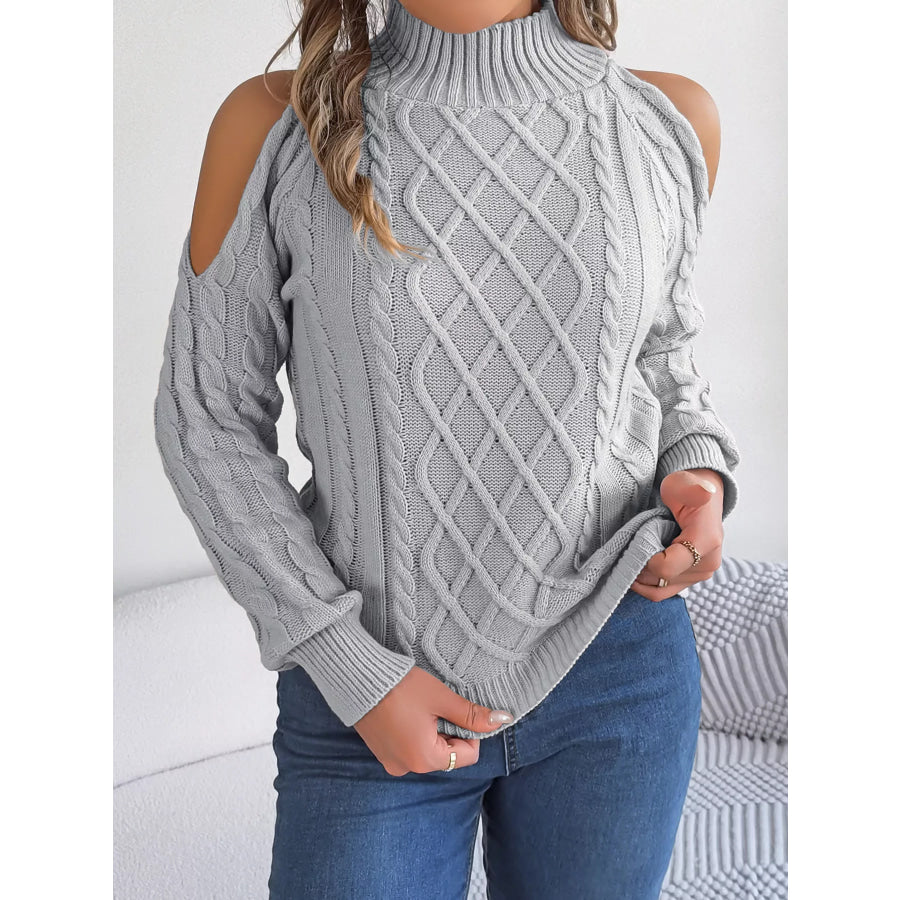 Cold-Shoulder Cable Knit Sweater Gray / S Apparel and Accessories