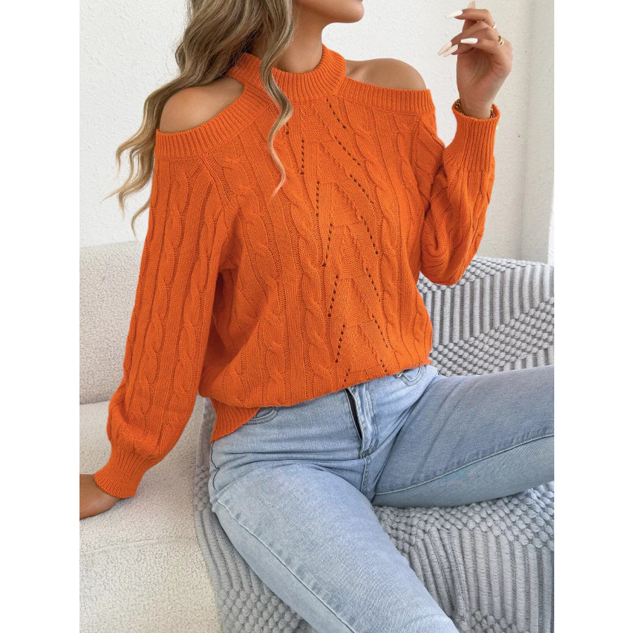 Cold Shoulder Cable Knit Sweater Orange / S Apparel and Accessories