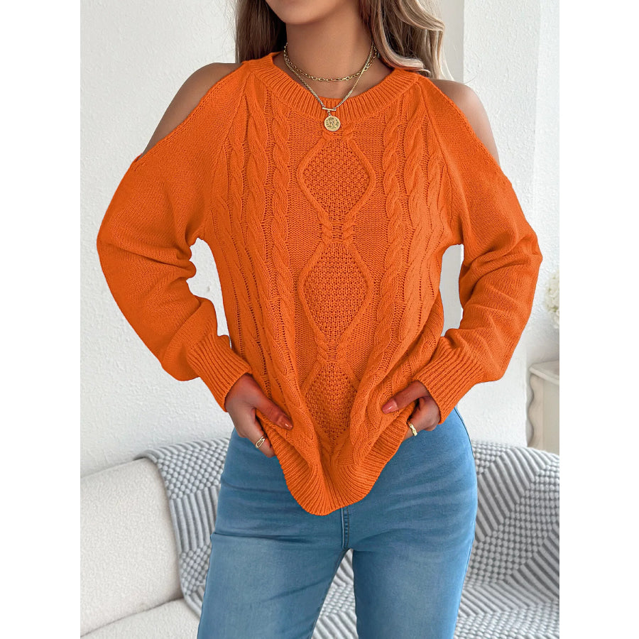 Cold Shoulder Cable Knit Sweater Orange / S Apparel and Accessories