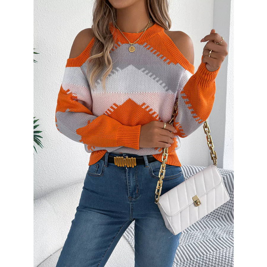 Cold Shoulder Chevron Pattern Knit Sweater Apparel and Accessories