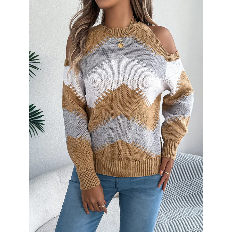 Cold Shoulder Chevron Pattern Knit Sweater Apparel and Accessories