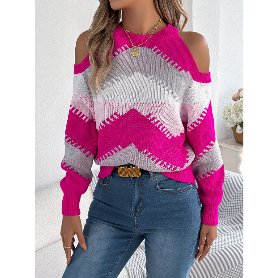 Cold Shoulder Chevron Pattern Knit Sweater Apparel and Accessories