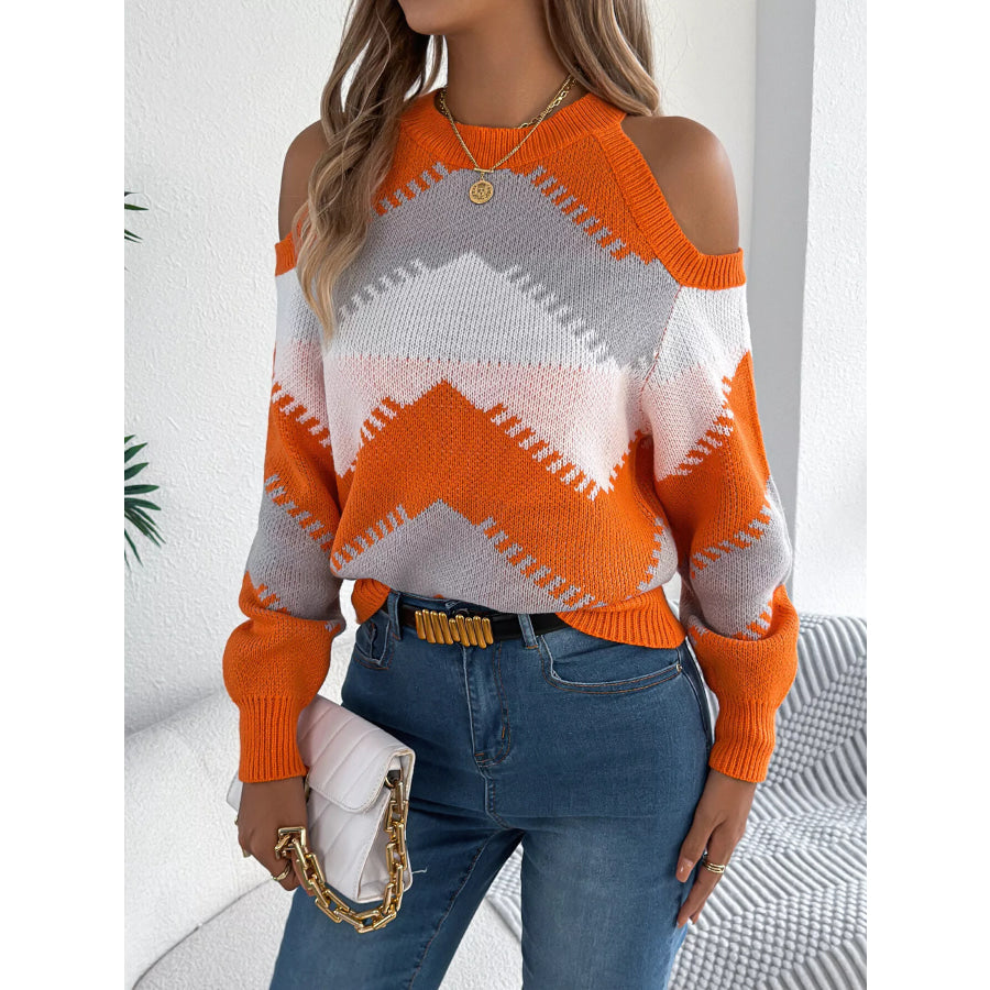Cold Shoulder Chevron Pattern Knit Sweater Apparel and Accessories