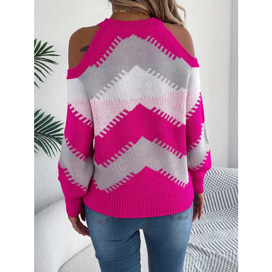 Cold Shoulder Chevron Pattern Knit Sweater Apparel and Accessories
