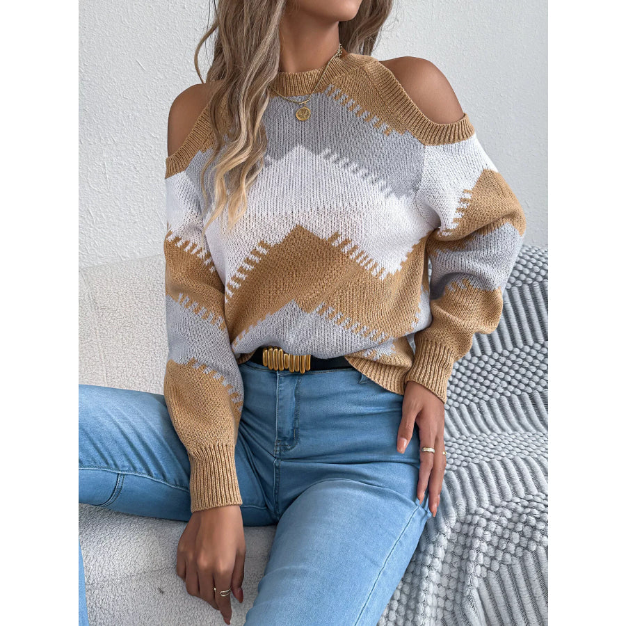 Cold Shoulder Chevron Pattern Knit Sweater Apparel and Accessories