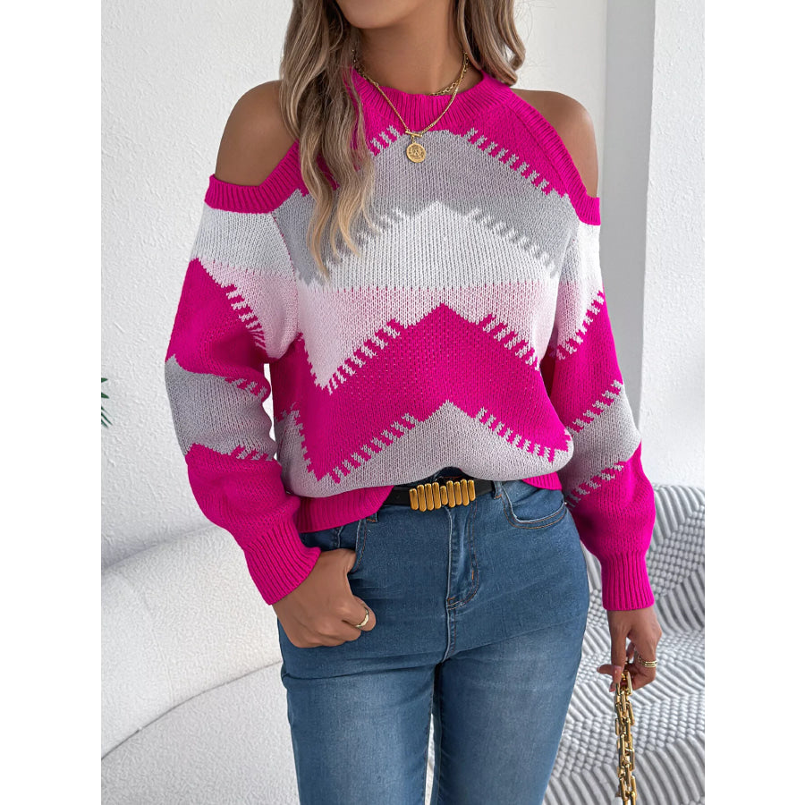 Cold Shoulder Chevron Pattern Knit Sweater Apparel and Accessories