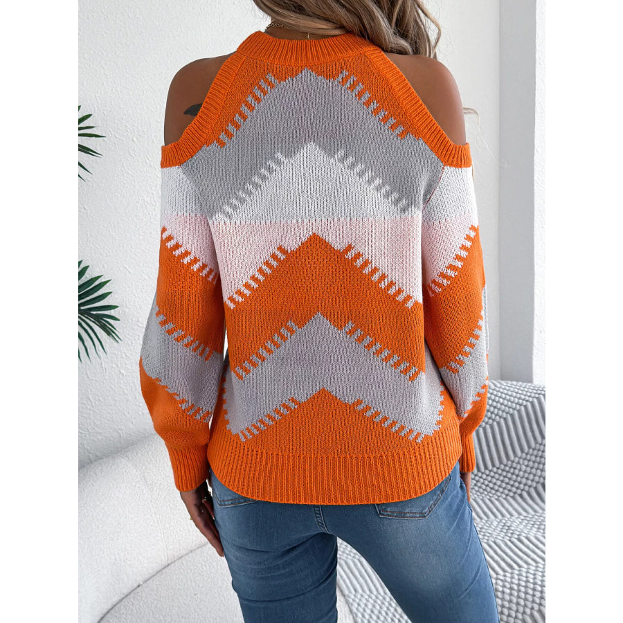 Cold Shoulder Chevron Pattern Knit Sweater Apparel and Accessories