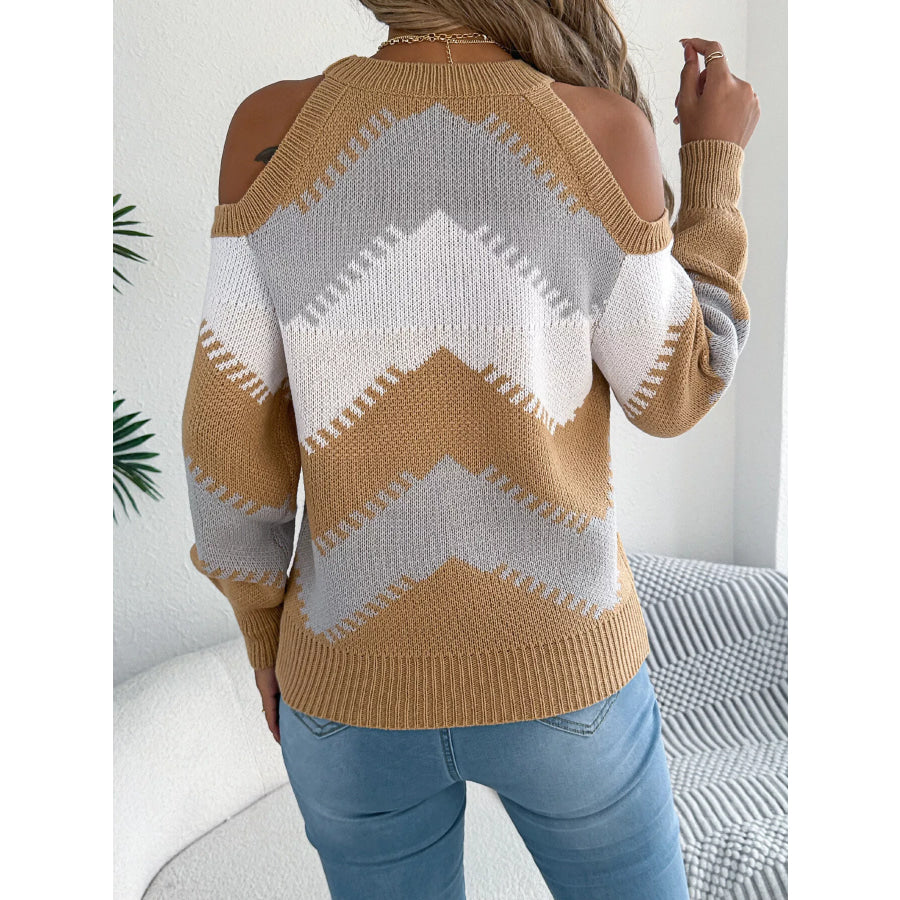 Cold Shoulder Chevron Pattern Knit Sweater Apparel and Accessories