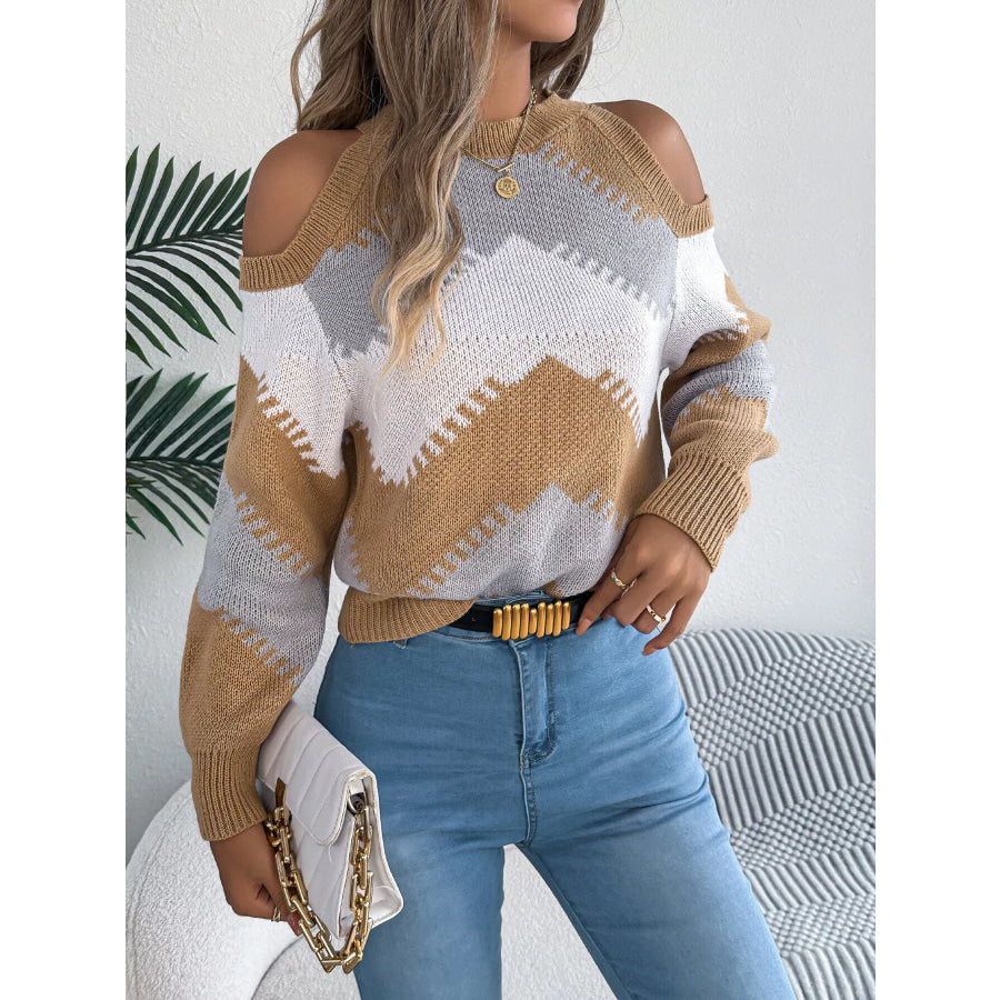 Cold Shoulder Chevron Pattern Knit Sweater Apparel and Accessories
