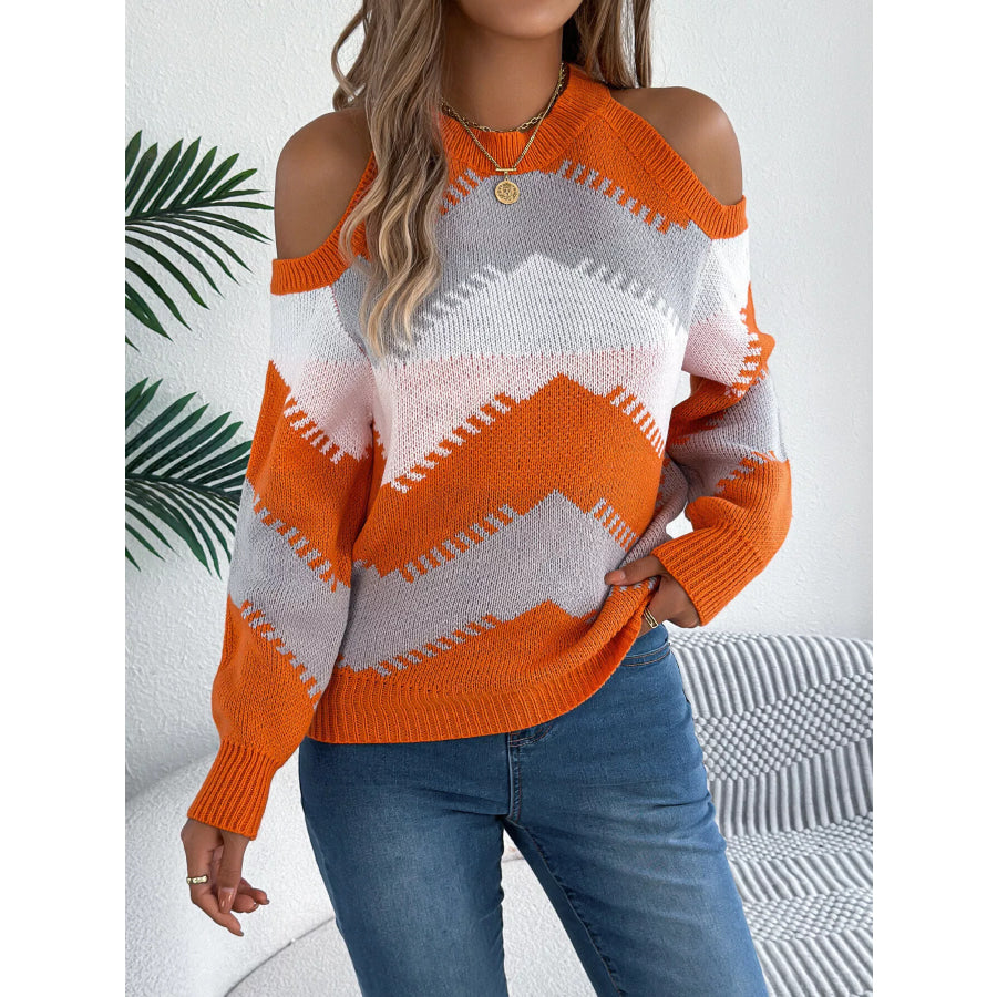 Cold Shoulder Chevron Pattern Knit Sweater Orange / S Apparel and Accessories