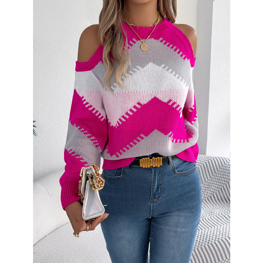 Cold Shoulder Chevron Pattern Knit Sweater Rose Red / S Apparel and Accessories