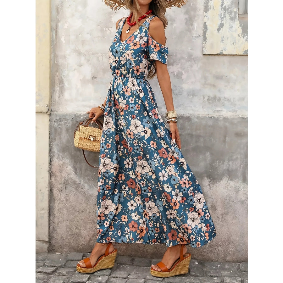 Cold Shoulder Floral Print Maxi Dress Apparel and Accessories