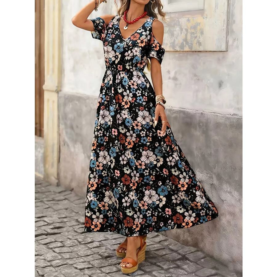 Cold Shoulder Floral Print Maxi Dress Apparel and Accessories