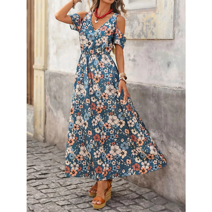 Cold Shoulder Floral Print Maxi Dress Apparel and Accessories